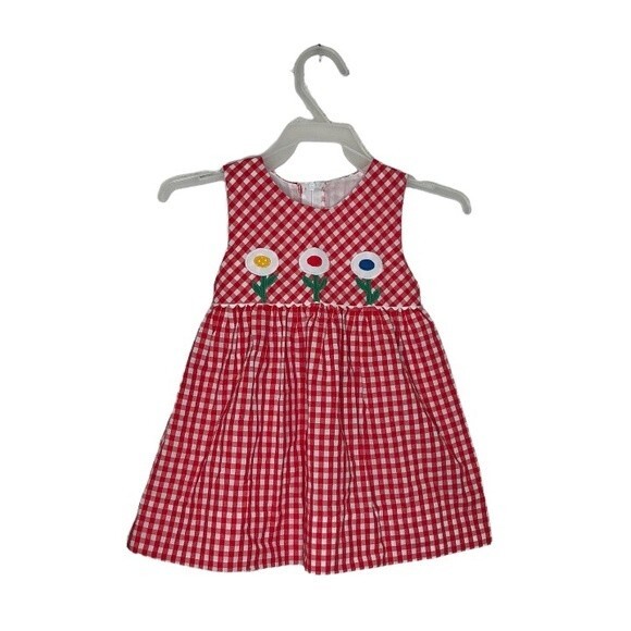 HANDMADE Girls Red White Check Dress Floral Appliqués Gingham Seersucker - Picture 1 of 6